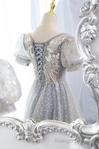 Gray Tulle Lace Long Prom Dress, A Line Prom Dress