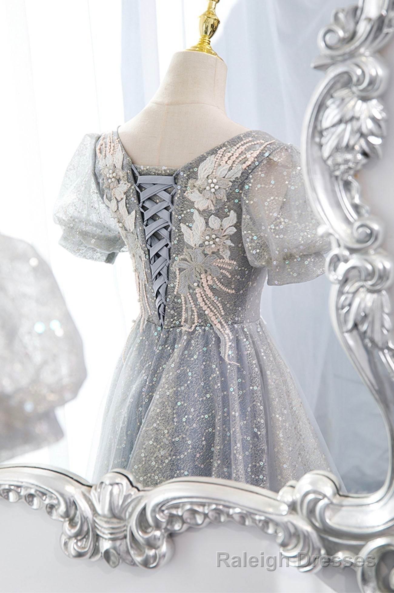 Gray Tulle Lace Long Prom Dress, A Line Prom Dress