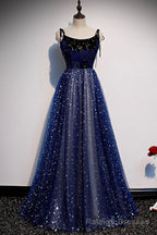Blue Tulle Long A-Line Prom Dresses, Blue Evening Party Dresses