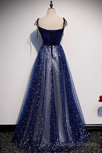 Blue Tulle Long A-Line Prom Dresses, Blue Evening Party Dresses