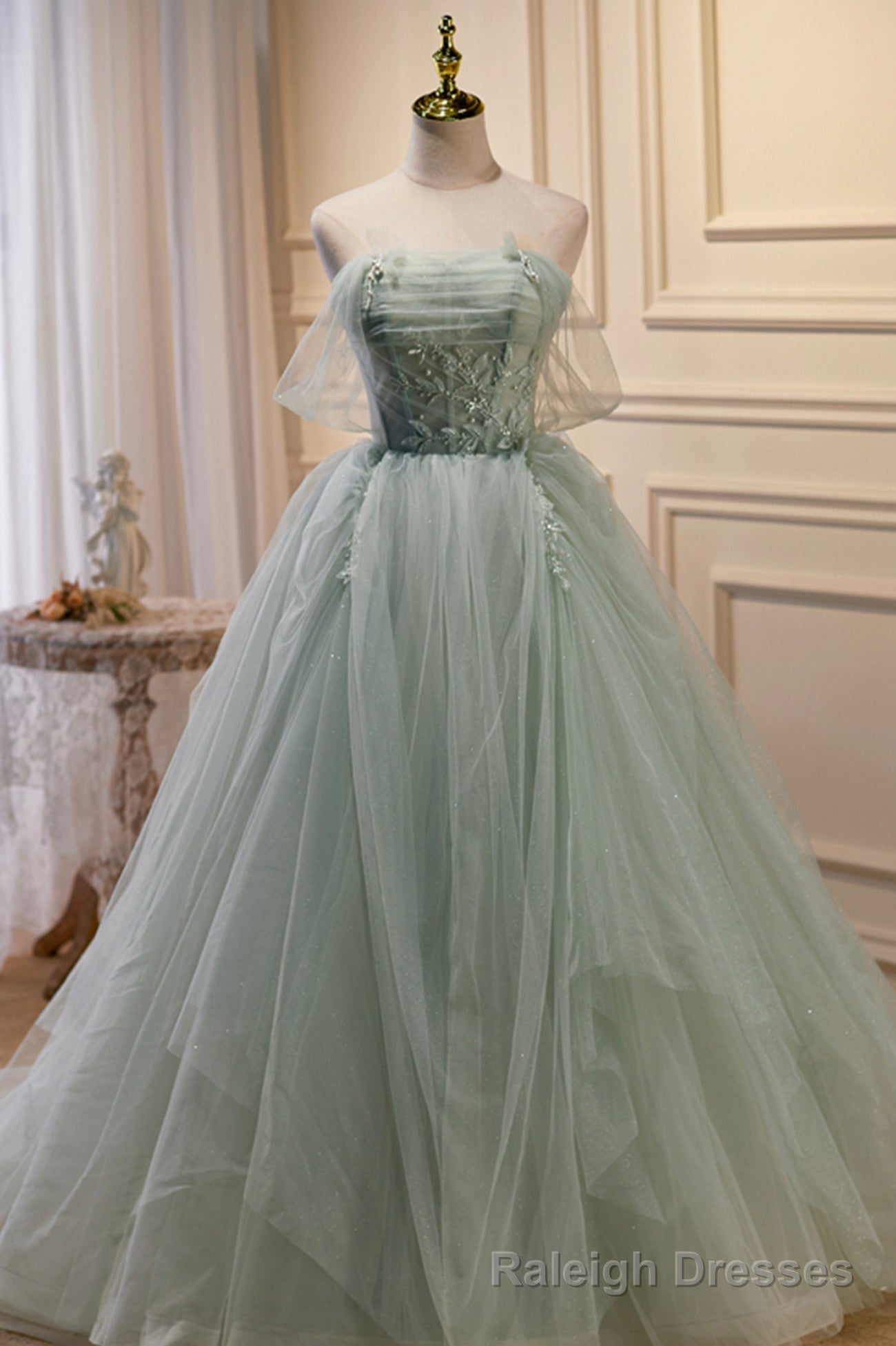 Green Tulle Beaded Ball Gown Off Shoulder Party Dress, Green Sweet 16 Dress Main image