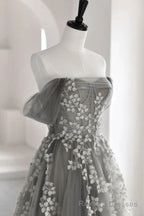 Gray Tulle Lace Long Prom Dress, A Line Off the Shoulder Prom Dress