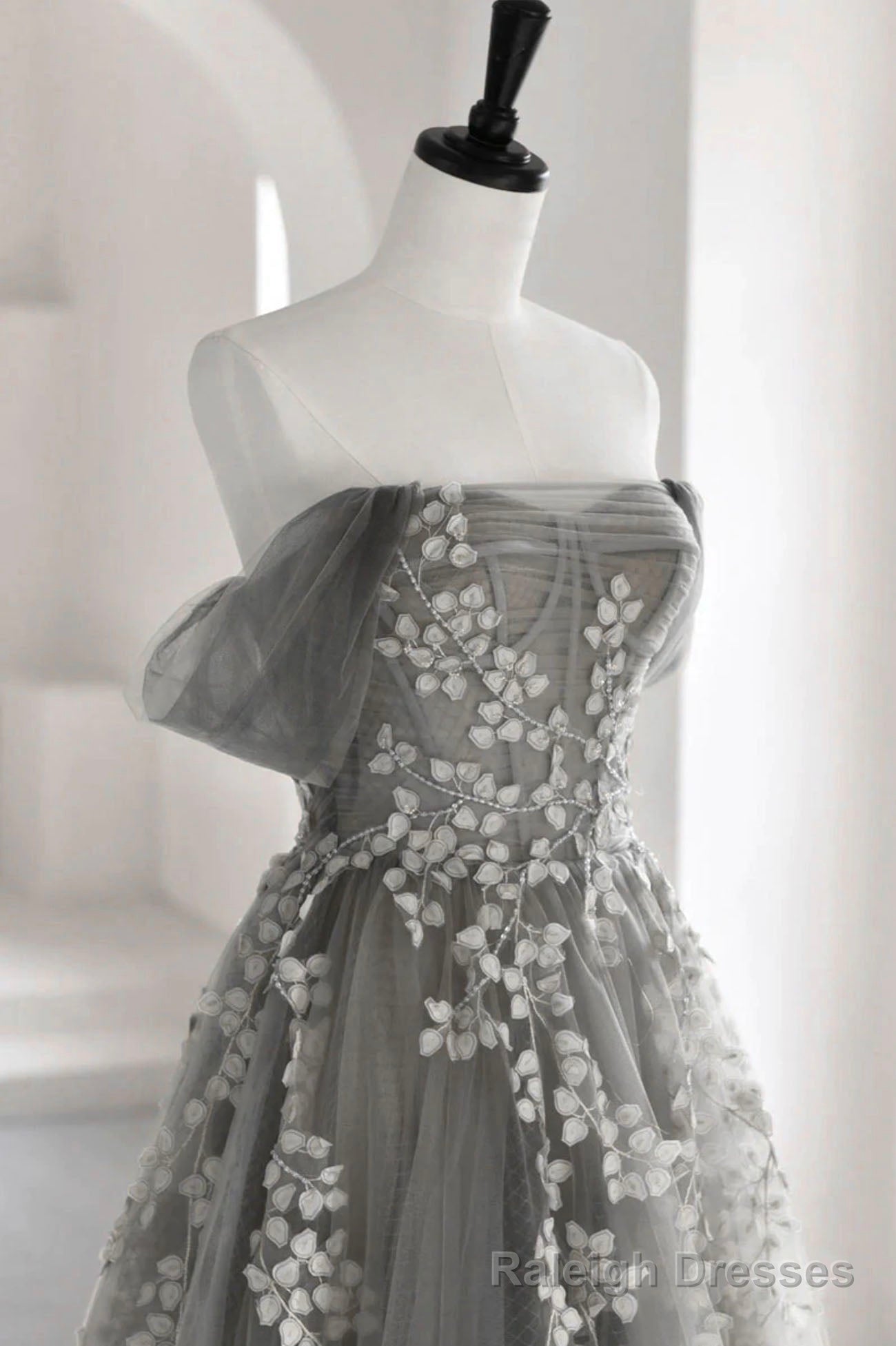 Gray Tulle Lace Long Prom Dress, A Line Off the Shoulder Prom Dress