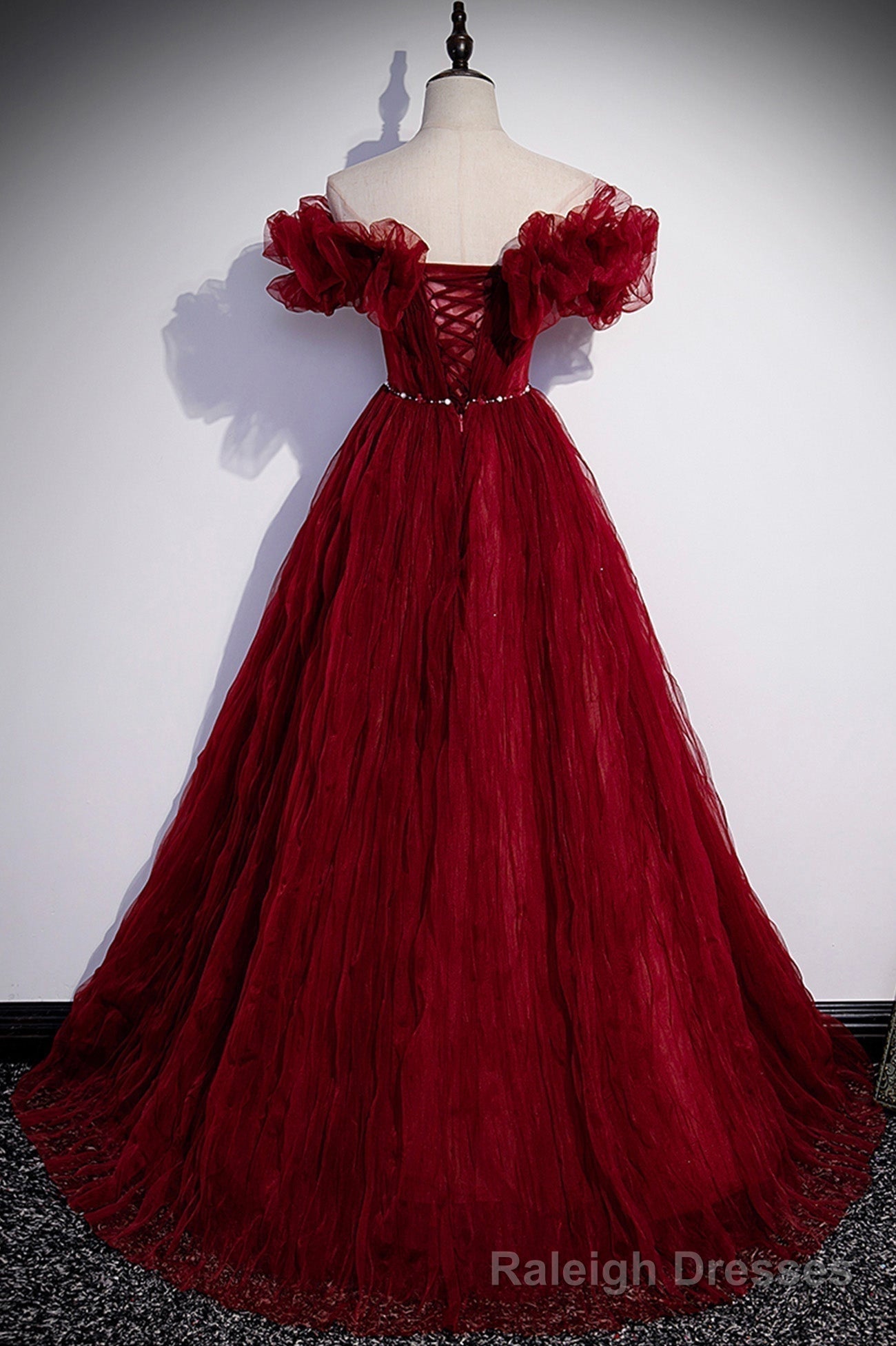 Burgundy Tulle Long Prom Dresses, A-Line Off the Shoulder Evening Party Dresses