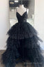Black V-Neck Tulle Long Prom Dresses, High Low Evening Party Dresses
