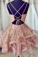 Pink V Neck Tulle Short Prom Dresses, A Line Mini Prom Dresses