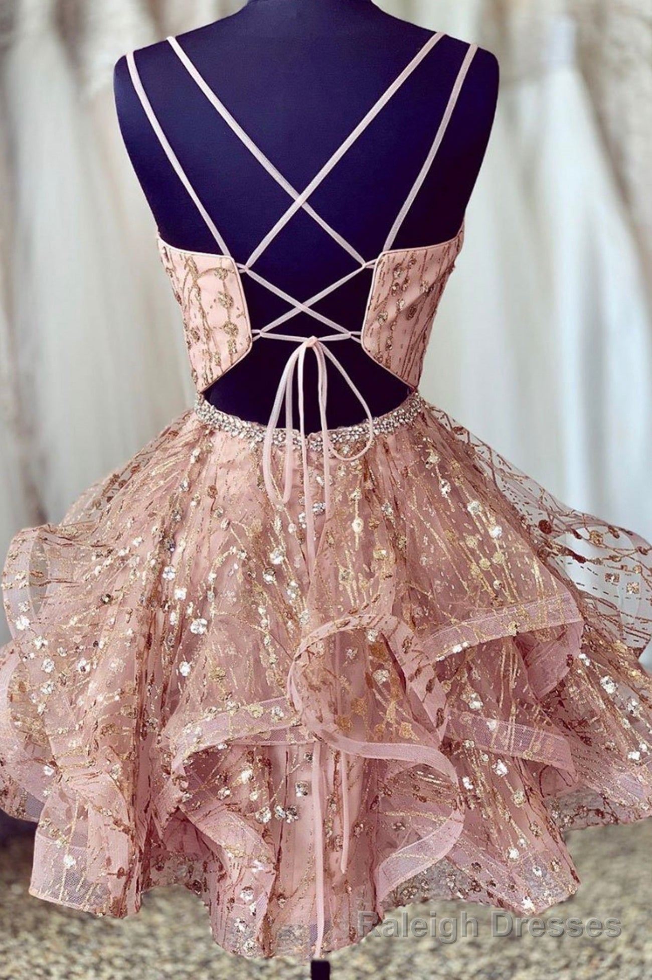 Pink V Neck Tulle Short Prom Dresses, A Line Mini Prom Dresses