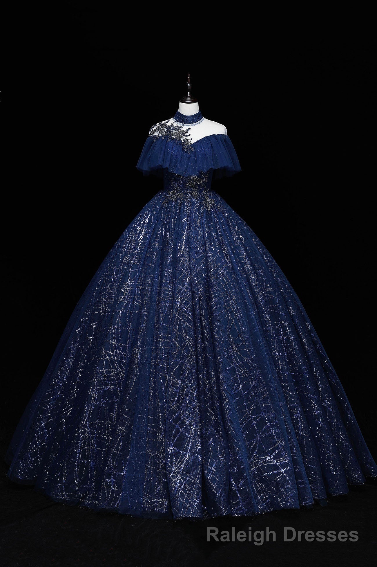 Blue Tulle Sequins Long Ball Gown, Elegant A-Line Formal Gown