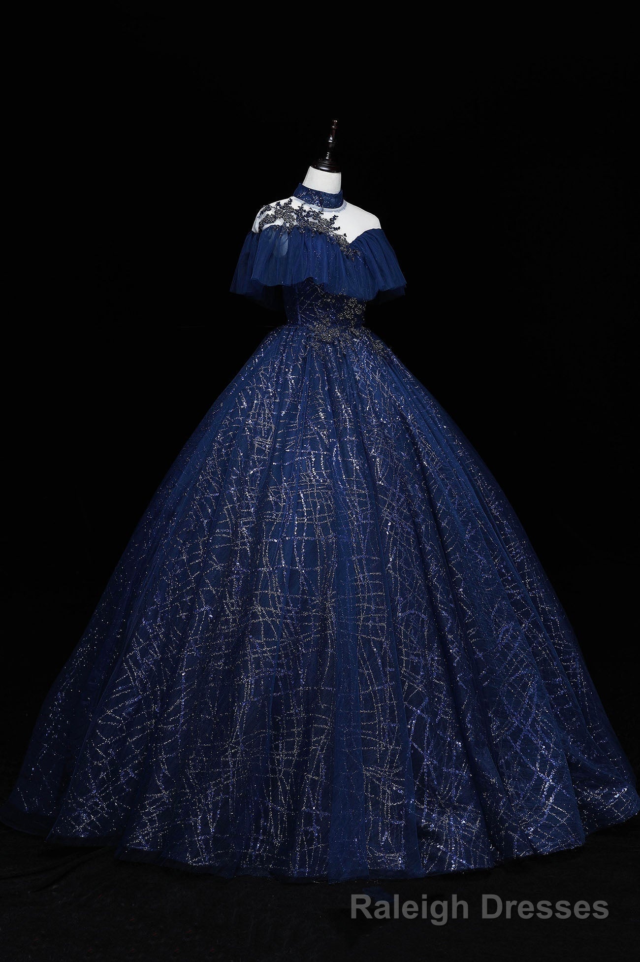 Blue Tulle Sequins Long Ball Gown, Elegant A-Line Formal Gown