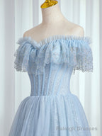 Blue Sweetheart Beaded Off the Shoulder Prom Dress, A-Line Blue Evening Dress