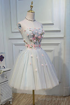 Lovely Strapless Tulle Lace Knee Length Prom Dress, A Line Prom Dress