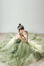 Green Tulle Long A-Line Evening Dress, Green Spaghetti Straps Prom Dress