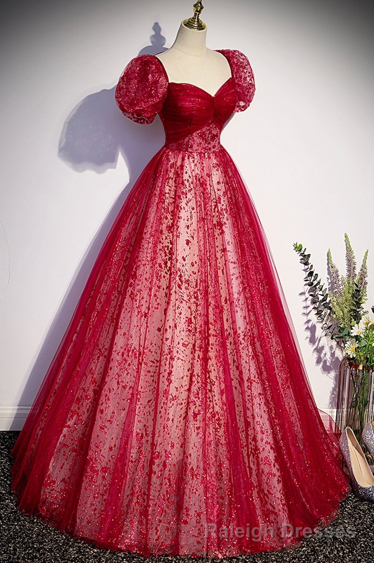 Burgndy Tulle Short Sleeve Formal Prom Dress, A Line Long Prom Dress Main image