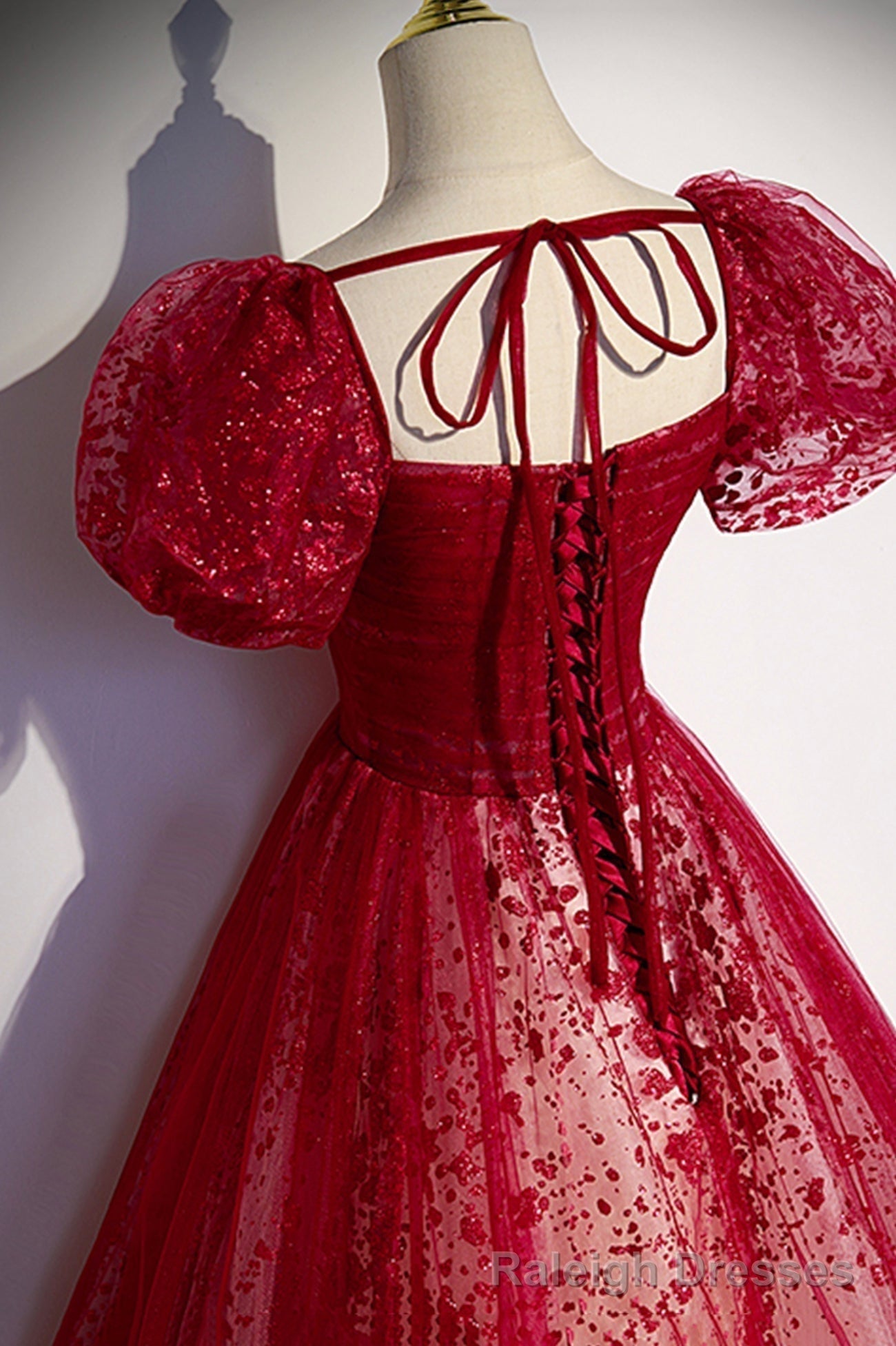 Burgndy Tulle Short Sleeve Formal Prom Dress, A Line Long Prom Dress