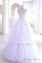 Purple Strapless Tulle Long Formal Gown, Purple A-Line Evening Dress