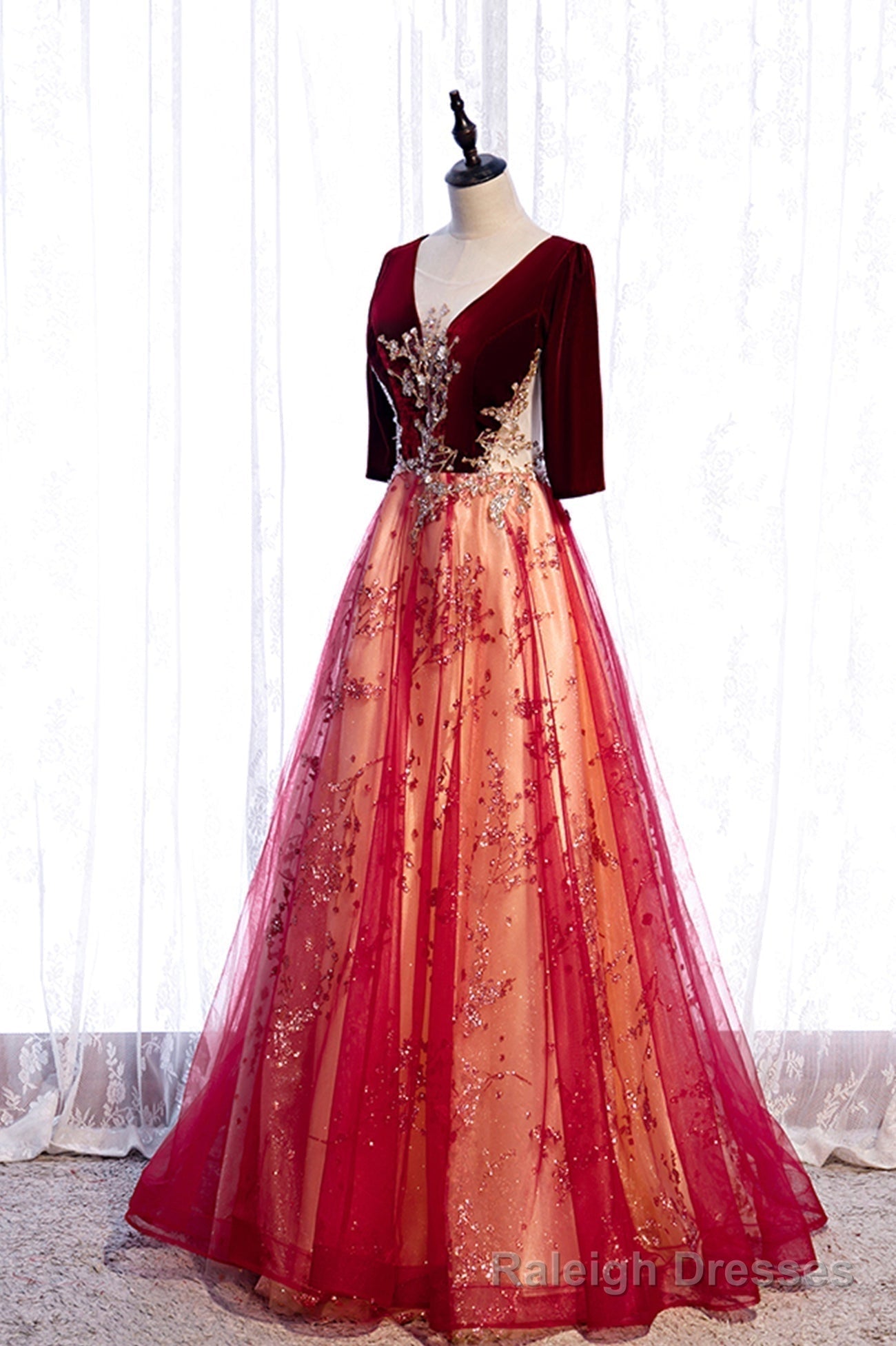 Burgundy Velvet Tulle Long Prom Dresses, Burgundy 1/2 Sleeve Evening Dresses Secondary image