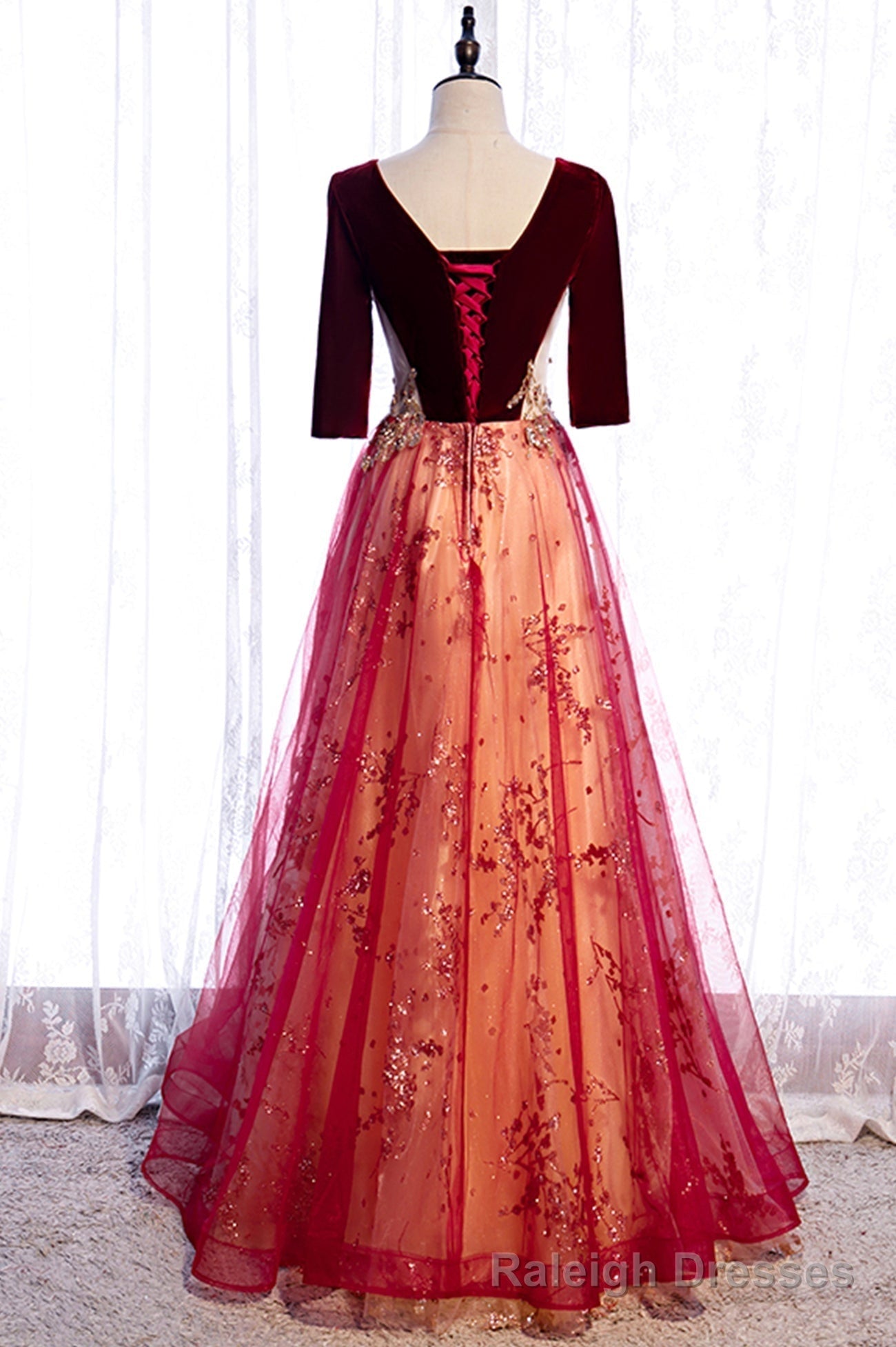 Burgundy Velvet Tulle Long Prom Dresses, Burgundy 1/2 Sleeve Evening Dresses Main image