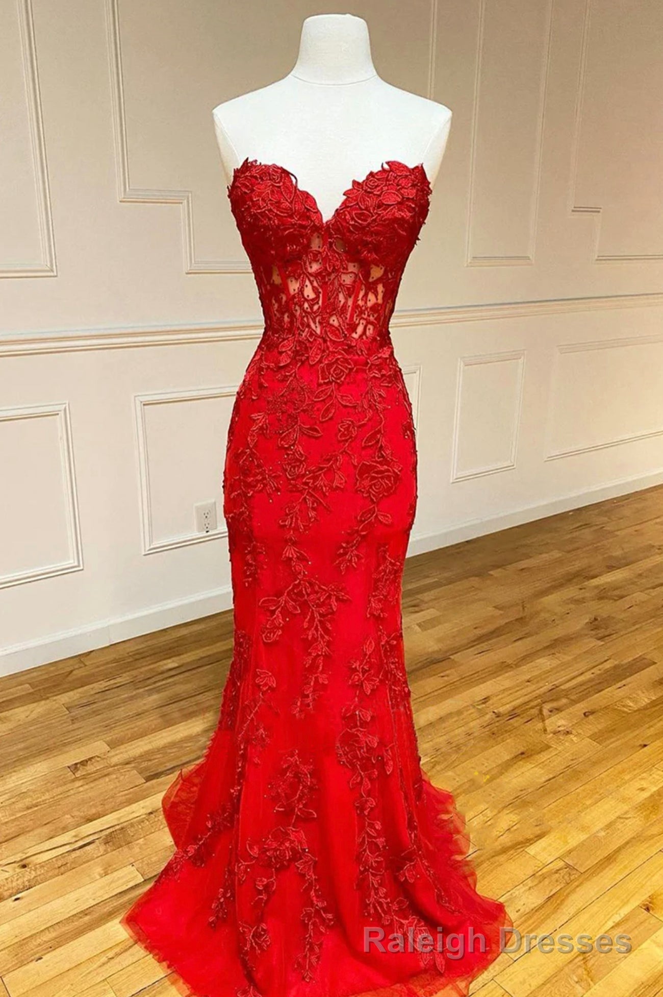 Red Strapless Lace Long Prom Dress, Mermaid Evening Dress Main image