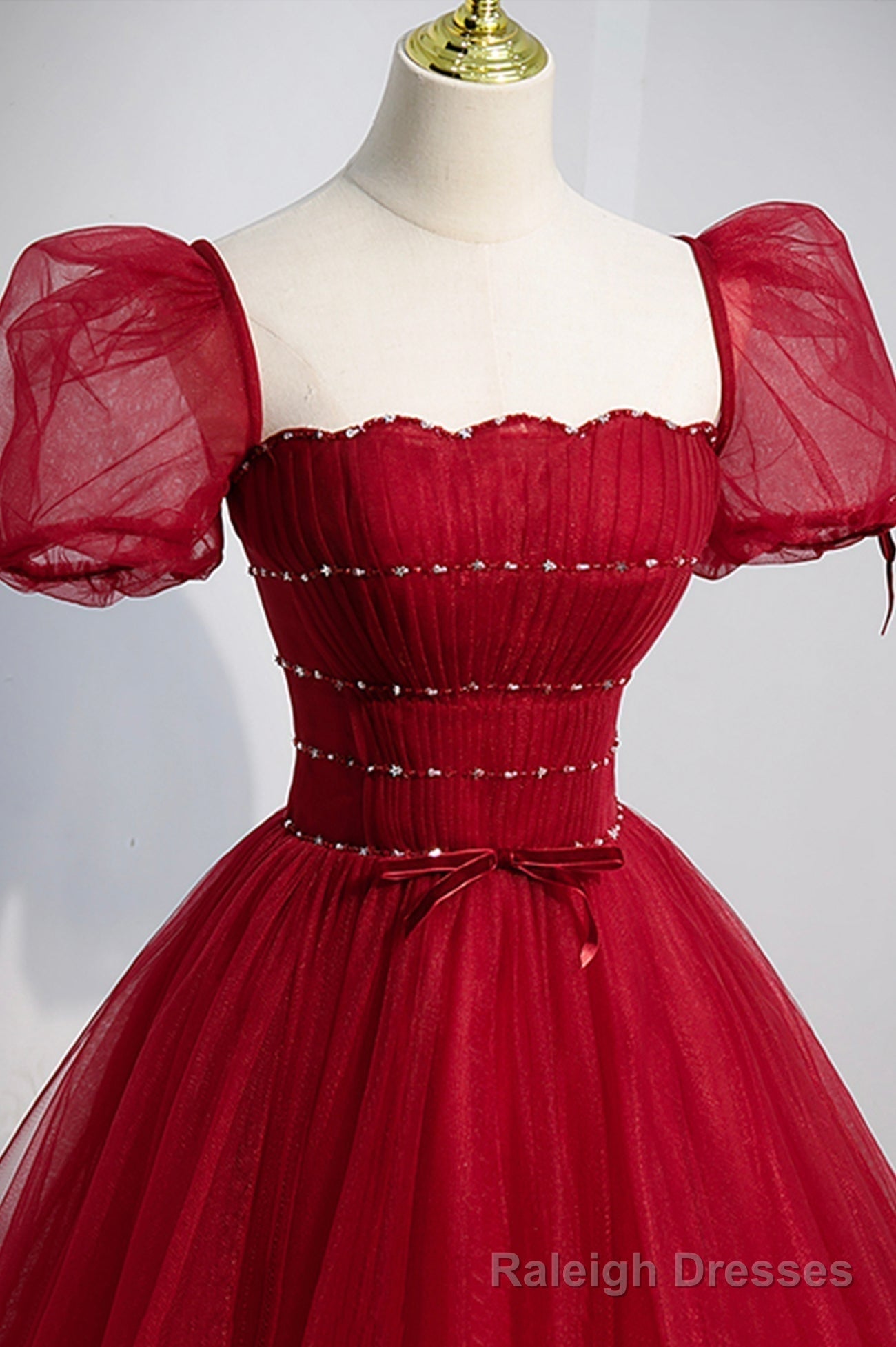 Red Beaded Tulle A-Line Long Formal Dress, Red Prom Dress