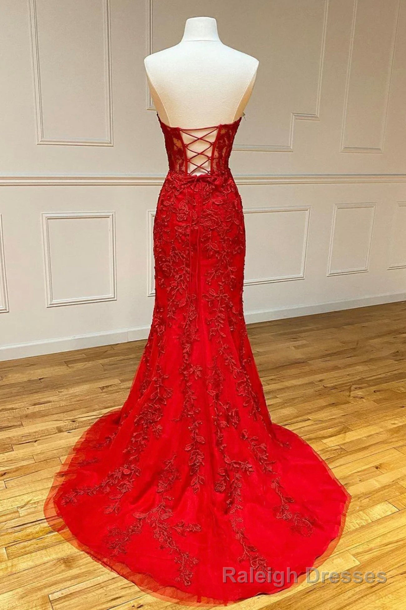 Red Strapless Lace Long Prom Dress, Mermaid Prom Dress Secondary image