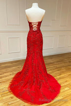 Red Strapless Lace Long Prom Dress, Mermaid Prom Dress
