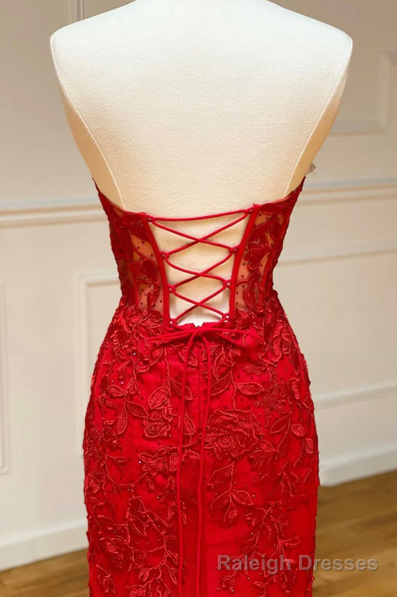 Red Strapless Lace Long Prom Dress, Mermaid Prom Dress