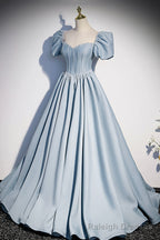 Blue Satin Pearl Long Prom Dress, Blue A-Line Short Sleeve Evening Dress