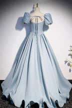 Blue Satin Pearl Long Prom Dress, Blue A Line Short Sleeve Prom Dress