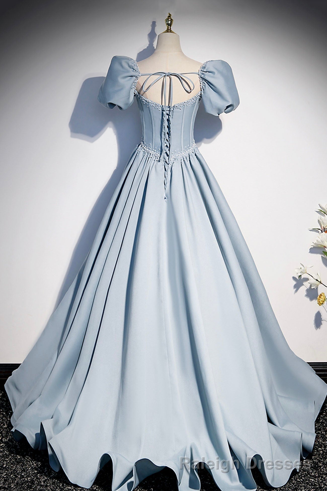 Blue Satin Pearl Long Prom Dress, Blue A Line Short Sleeve Prom Dress