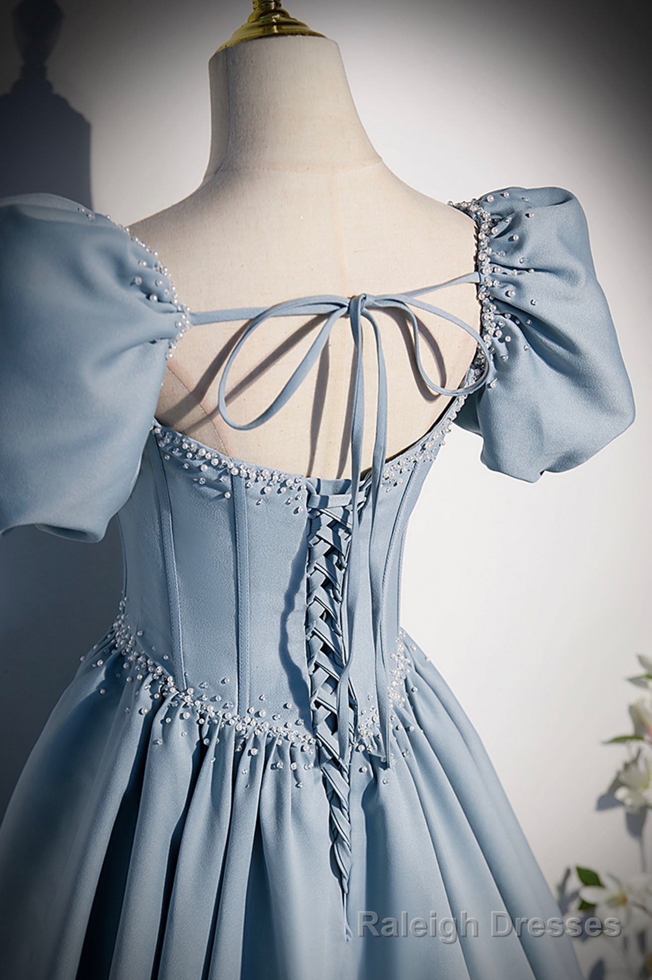 Blue Satin Pearl Long Prom Dress, Blue A Line Short Sleeve Prom Dress