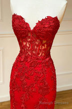 Red Strapless Lace Long Prom Dress, Mermaid Prom Dress