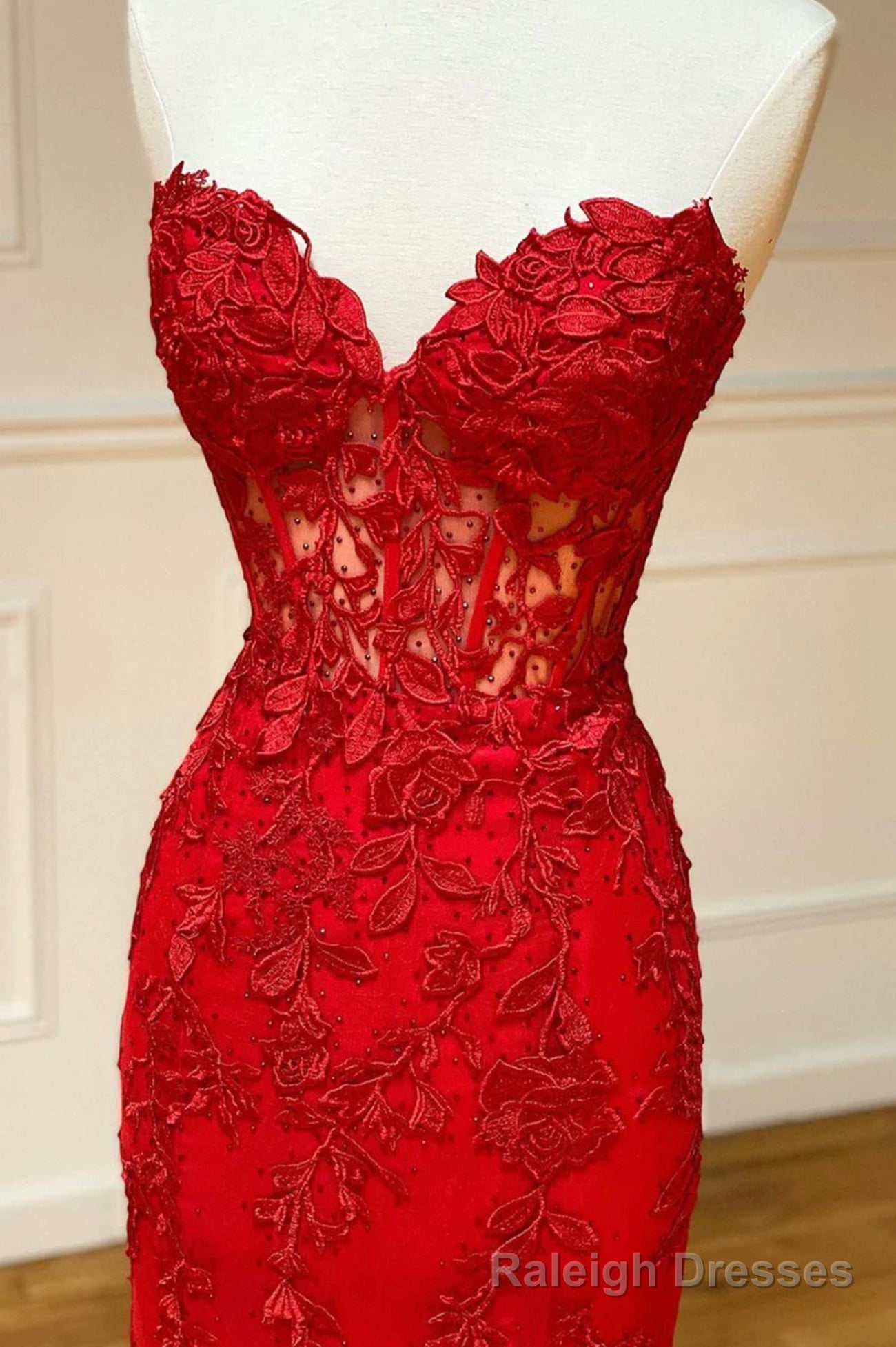 Red Strapless Lace Long Prom Dress, Mermaid Prom Dress