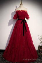 Burgundy Tulle Long Prom Dresses, A-Line Evening Dresses