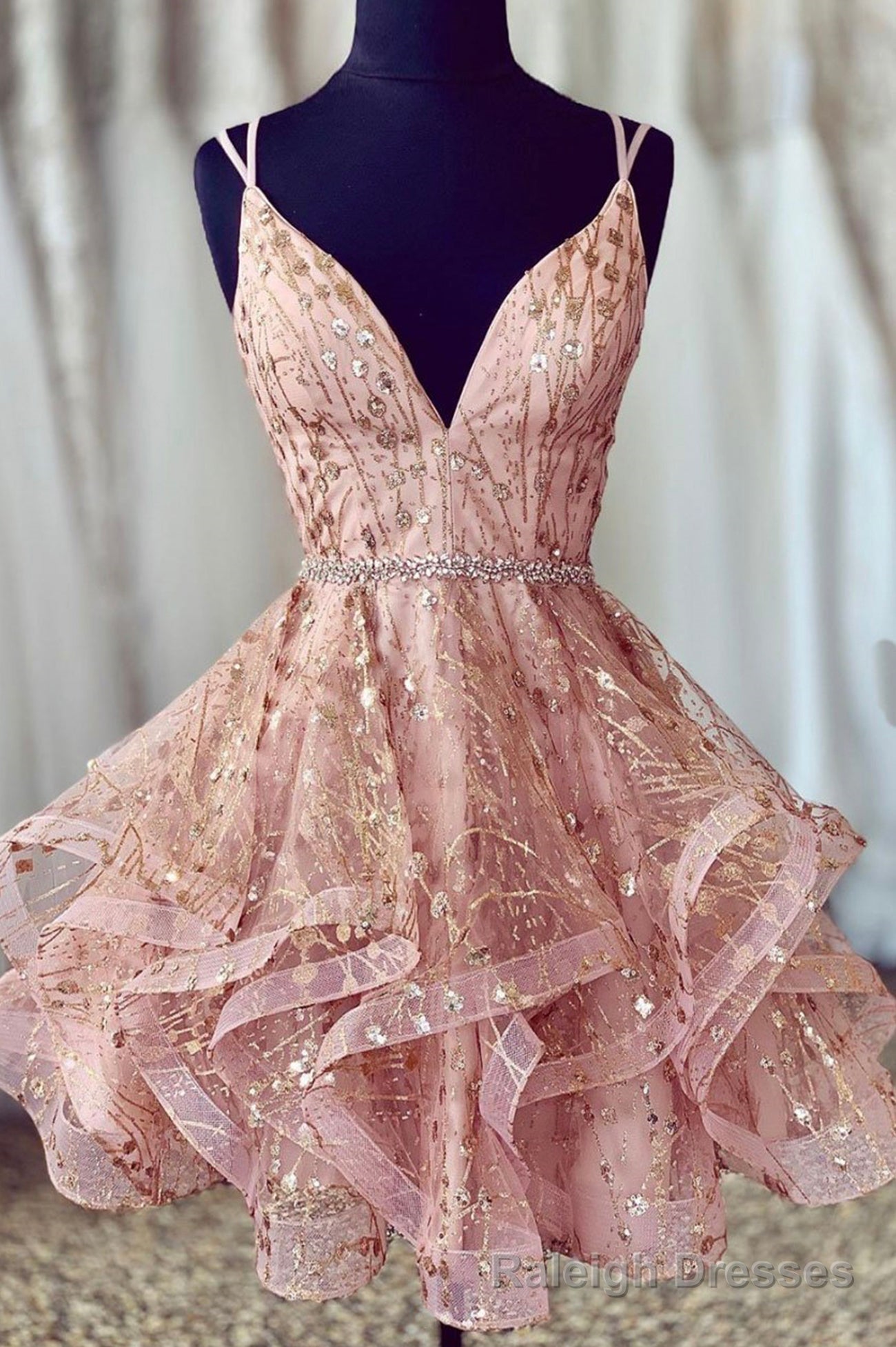 Pink V Neck Tulle Short Prom Dresses, A Line Mini Prom Dresses Main image