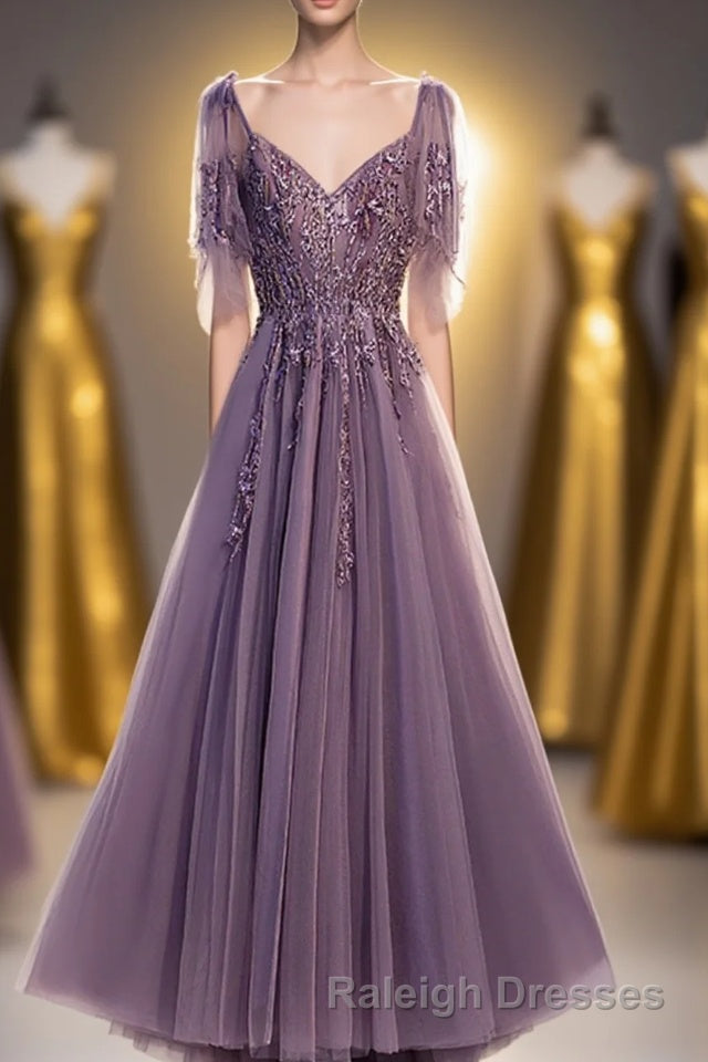 Purple Tulle Lace Long Prom Dresses, A-Line Evening Party Dresses Main image