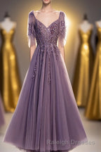 Purple Tulle Lace Long Prom Dresses, A-Line Evening Party Dresses