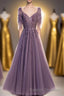 Purple Tulle Lace Long Prom Dresses, A-Line Evening Party Dresses