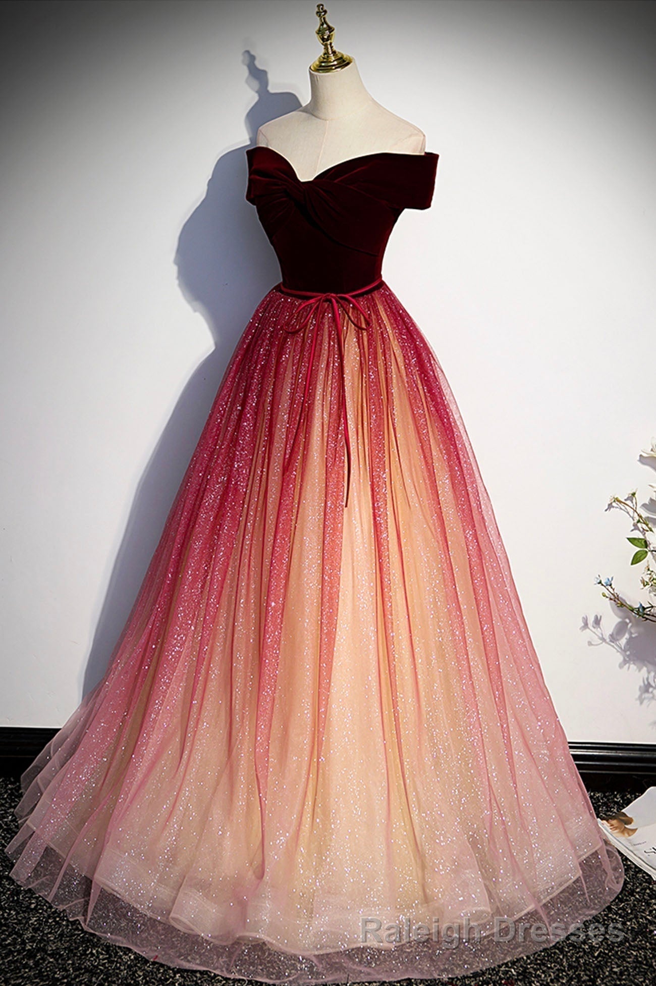 Burgundy Velvet Tulle Long Prom Dresses, Off the Shoulder Formal Evening Dresses Secondary image