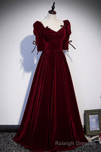 Burgundy Velvet Long Prom Dresses, A Line Short Sleeve Prom Dresses
