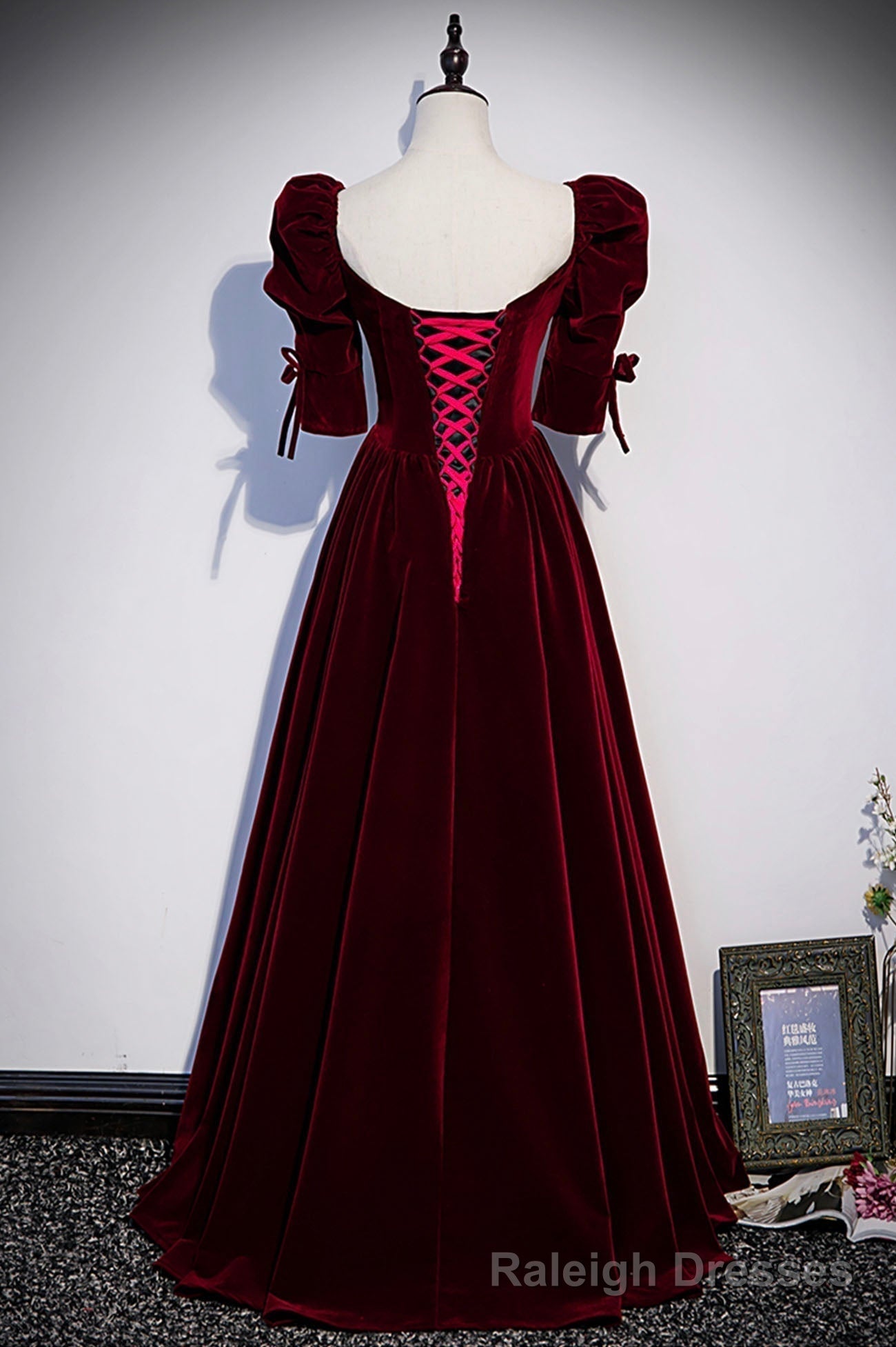Burgundy Velvet Long Prom Dresses, A-Line Short Sleeve Evening Dresses