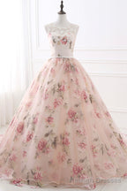 Pink Floral Pattern Lace Long Prom Dress, A Line Formal Dress