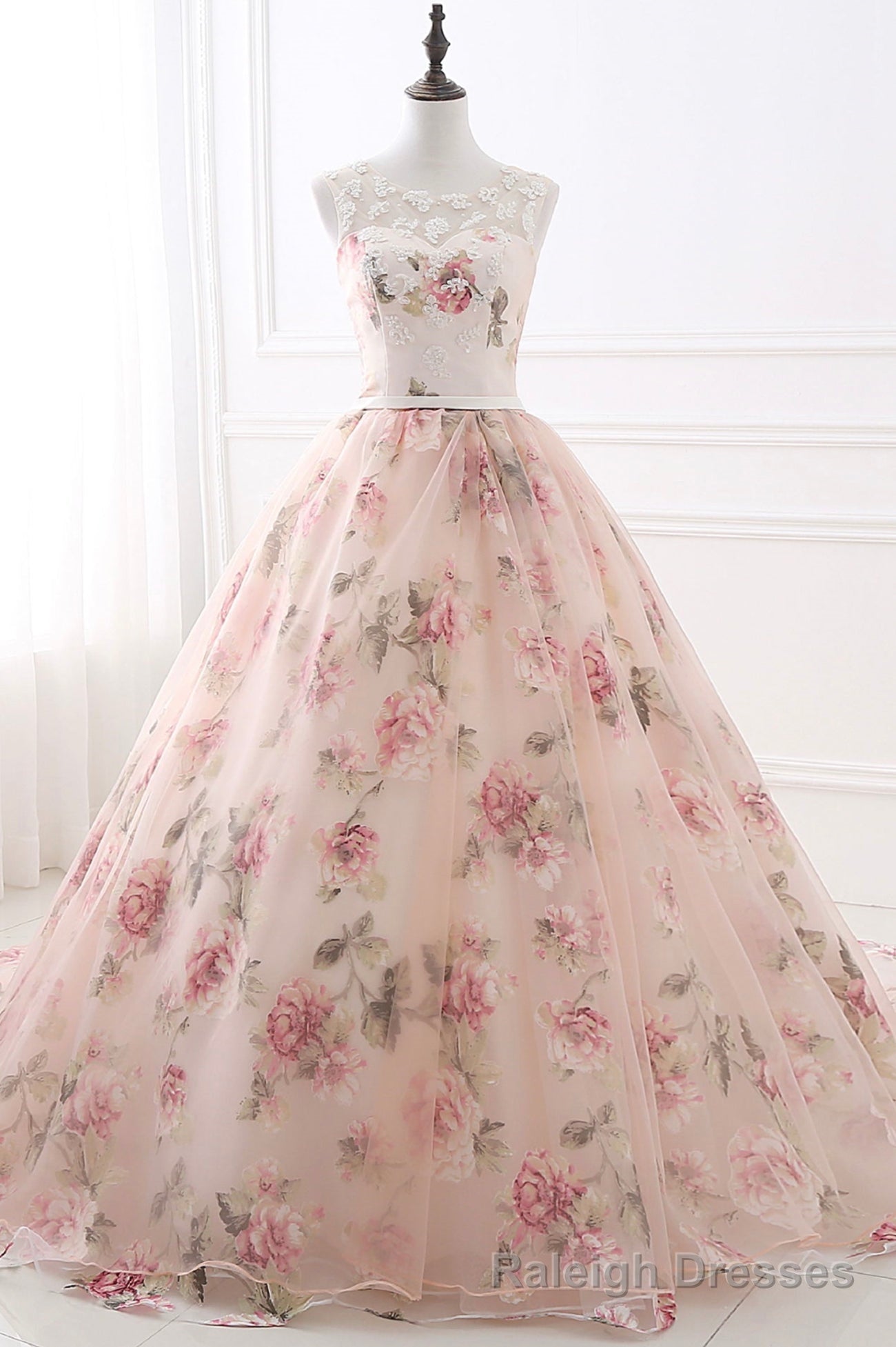 Pink Floral Pattern Lace Long Prom Dress, A Line Formal Dress