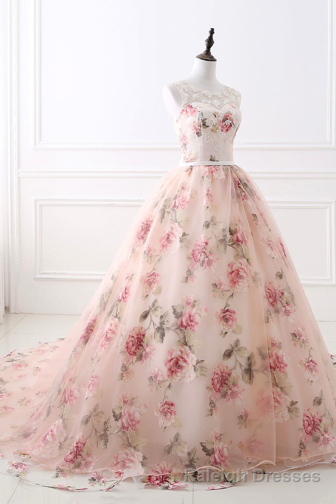 Pink Floral Pattern Lace Long Prom Dress, A-Line Formal Dress