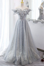 Gray Tulle Lace Long Prom Dresses, A Line Sequins Prom Dresses