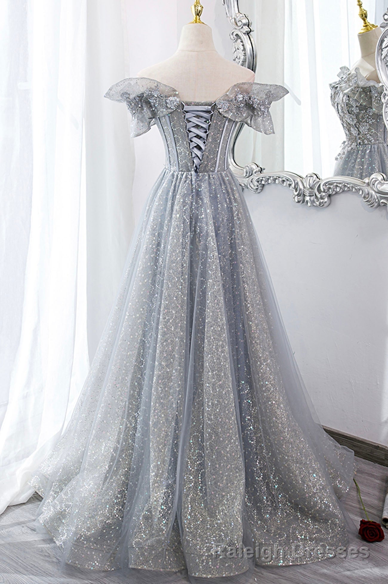 Gray Tulle Lace Long Prom Dresses, A-Line Sequins Evening Dresses Secondary image