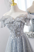 Gray Tulle Lace Long Prom Dresses, A Line Sequins Prom Dresses