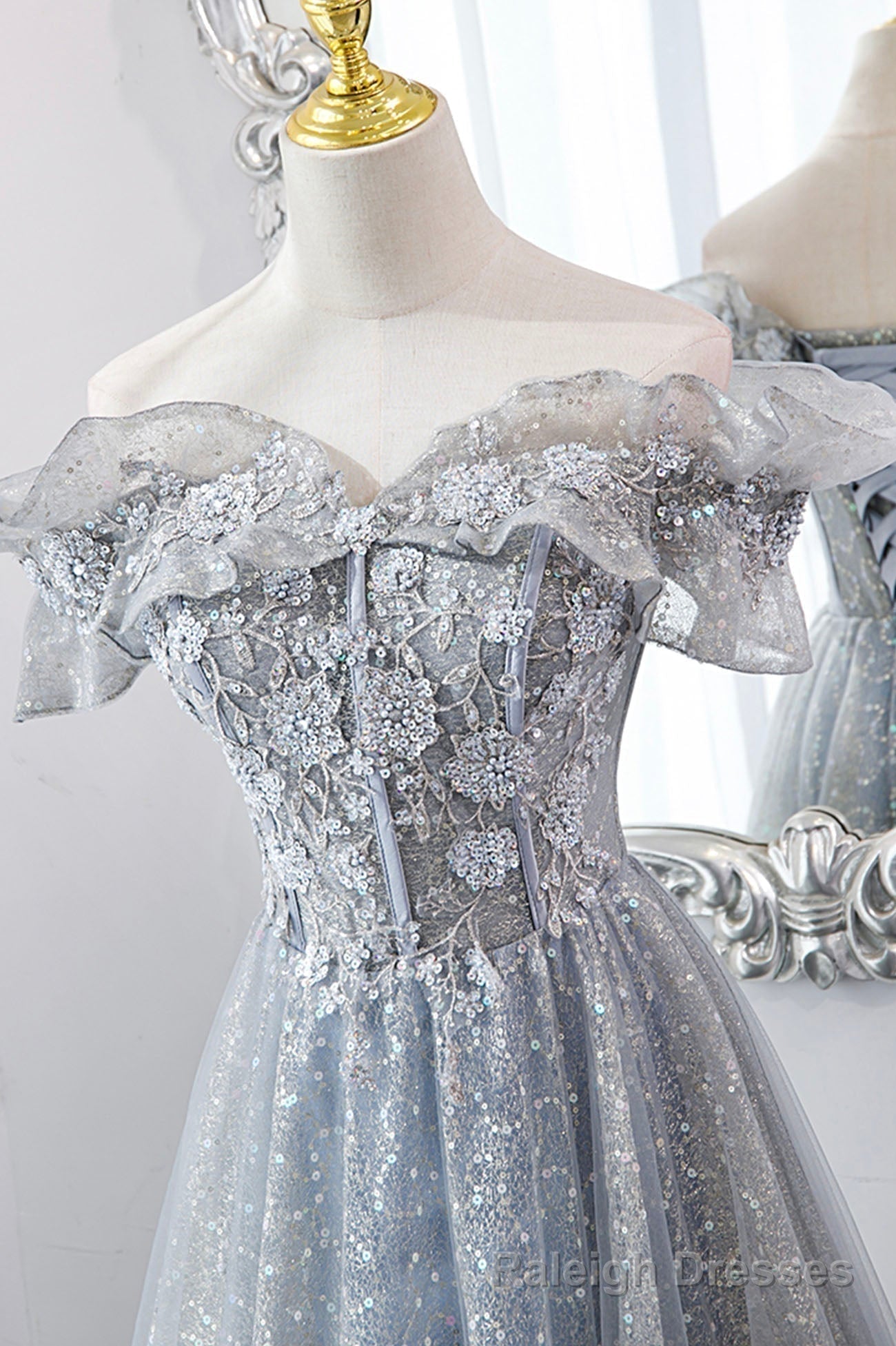 Gray Tulle Lace Long Prom Dresses, A Line Sequins Prom Dresses