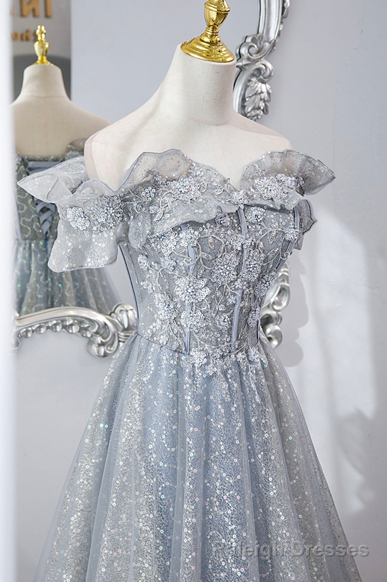 Gray Tulle Lace Long Prom Dresses, A Line Sequins Prom Dresses