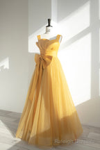 Yellow Satin Tulle Long Prom Dress, A-Line Evening Dress with Bow
