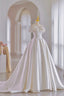 White Satin Long Ball Gowns, A Line Flower Wedding Gowns with Bow